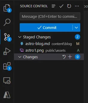 VS Code Source Control panel with a staged Markdown post and image ready to commit