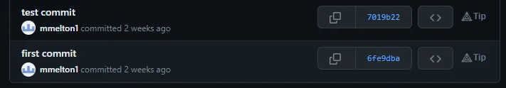 GitHub commit history showing two test commits pushed from VS Code