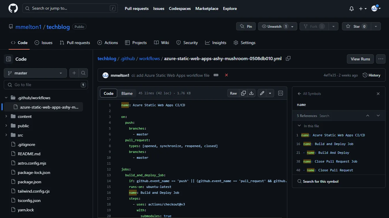 GitHub repo showing the Azure Static Web Apps CI/CD workflow file that builds on pushes to master