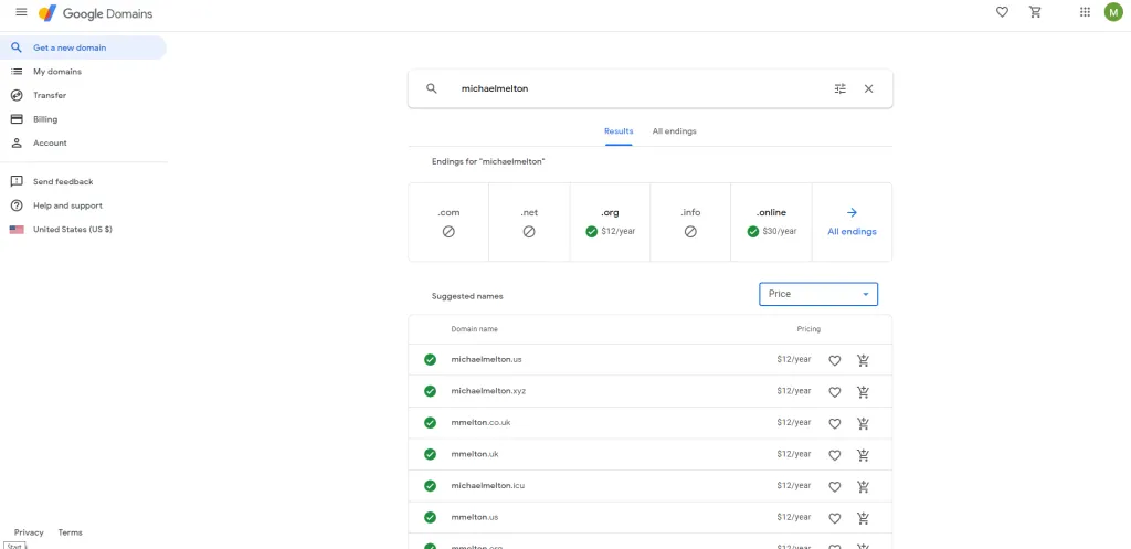 Google Domains search results showing available domain endings and prices for a name search