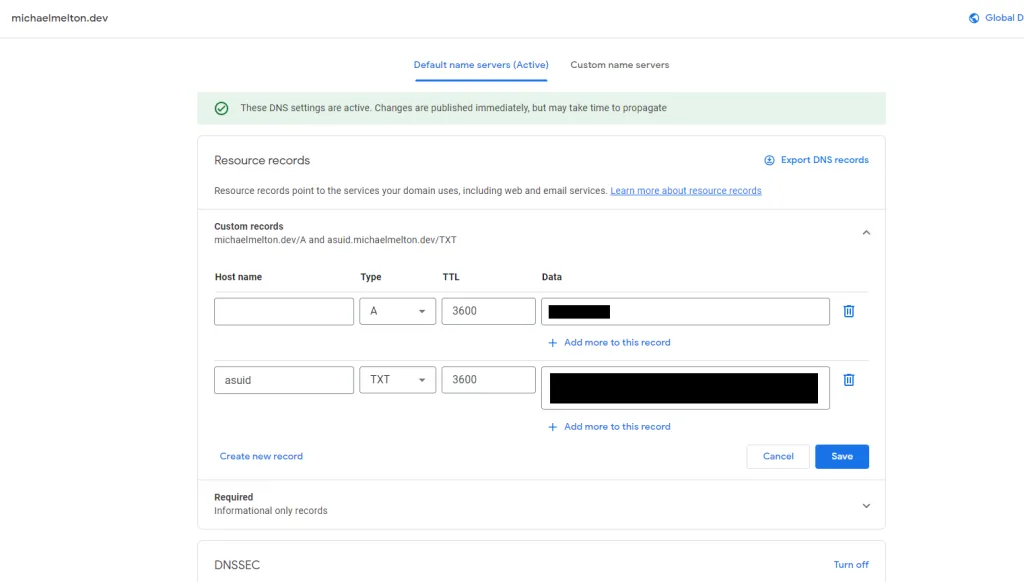 Google Domains DNS settings with A and TXT records pointing the .dev domain to Azure, values redacted