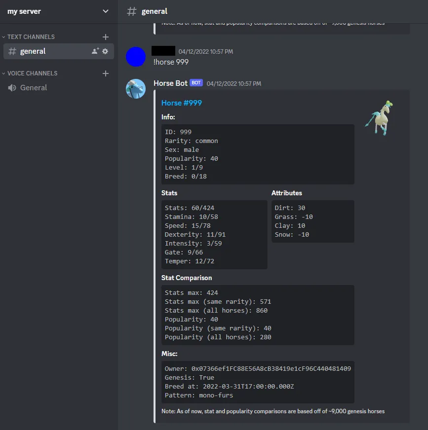 Discord channel where a user types !horse 999 and Horse Bot replies with the horse’s info, stats and comparisons