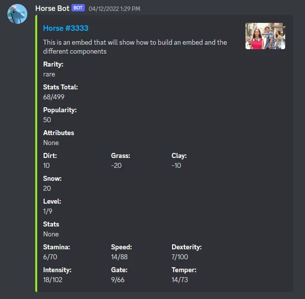First version of the Discord bot embed for Horse #3333 listing rarity, attributes and stats with a placeholder image