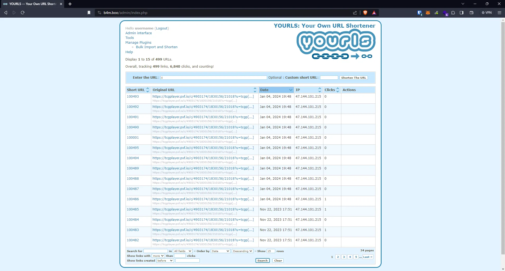 YOURLS admin page tracking 499 short links to TCGplayer affiliate URLs with click counts